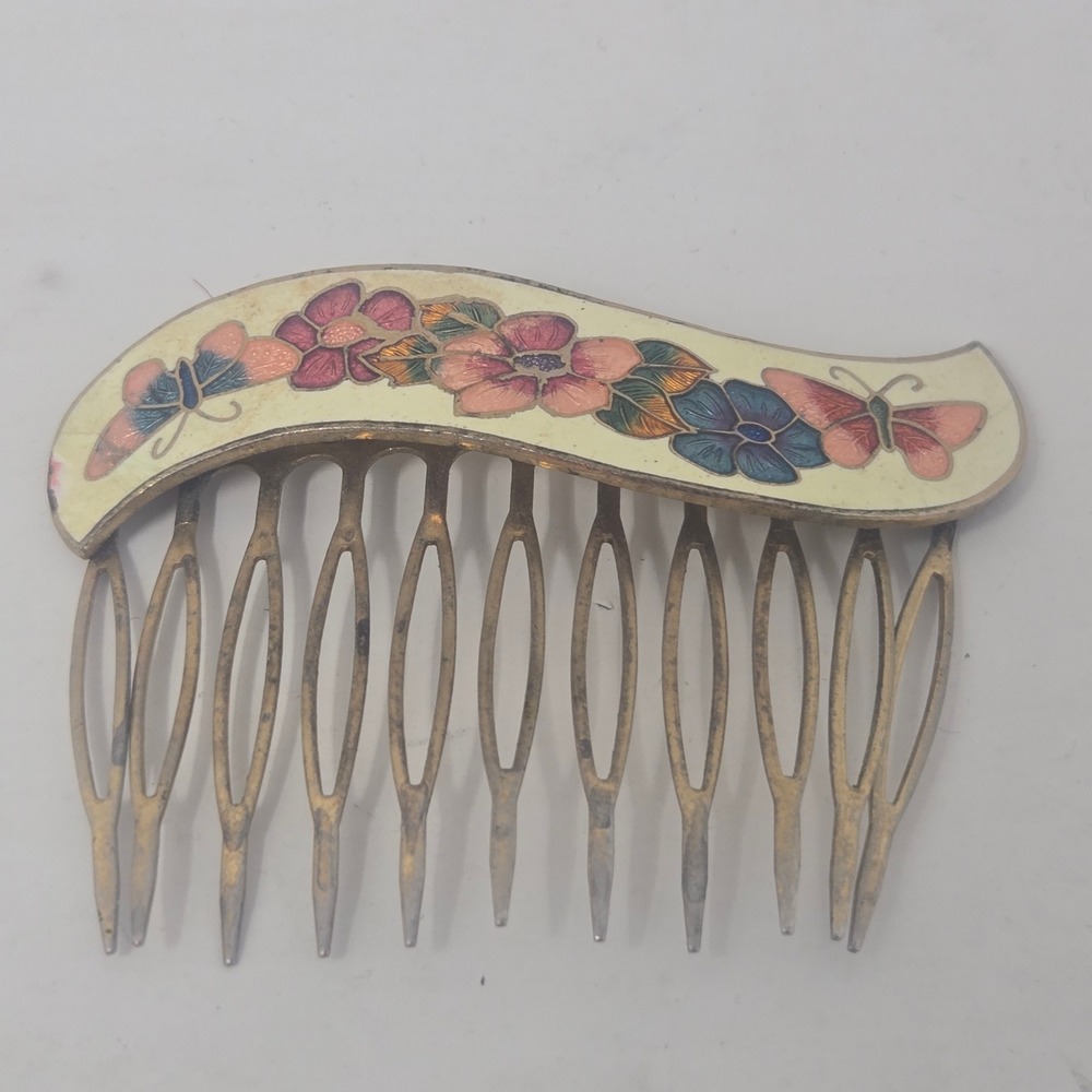 Vintage Cloisienne Enamel Hair Comb Floral Butterfly Gold Tone Metal Hair Piece